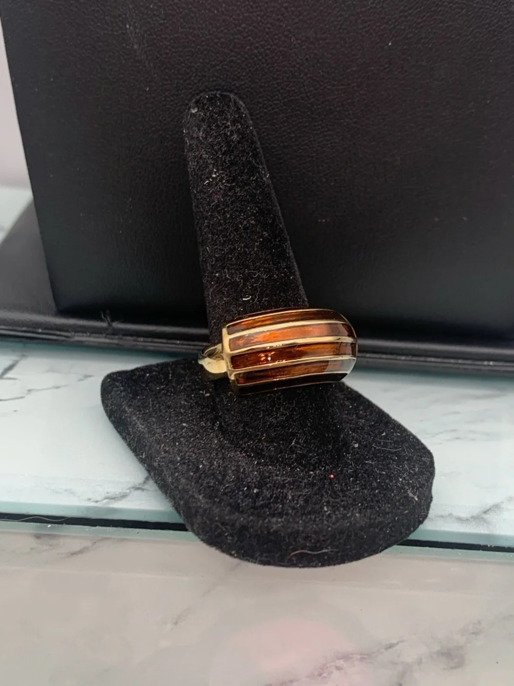 Vintage Camille Lucie Gold Tone Dome Ring Copper Tone Enamel Stripe Sz 7.75